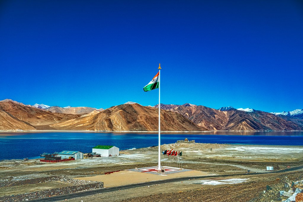 National flag installation at Pangong Lake, Ladakh, at over 14,000 feet altitude