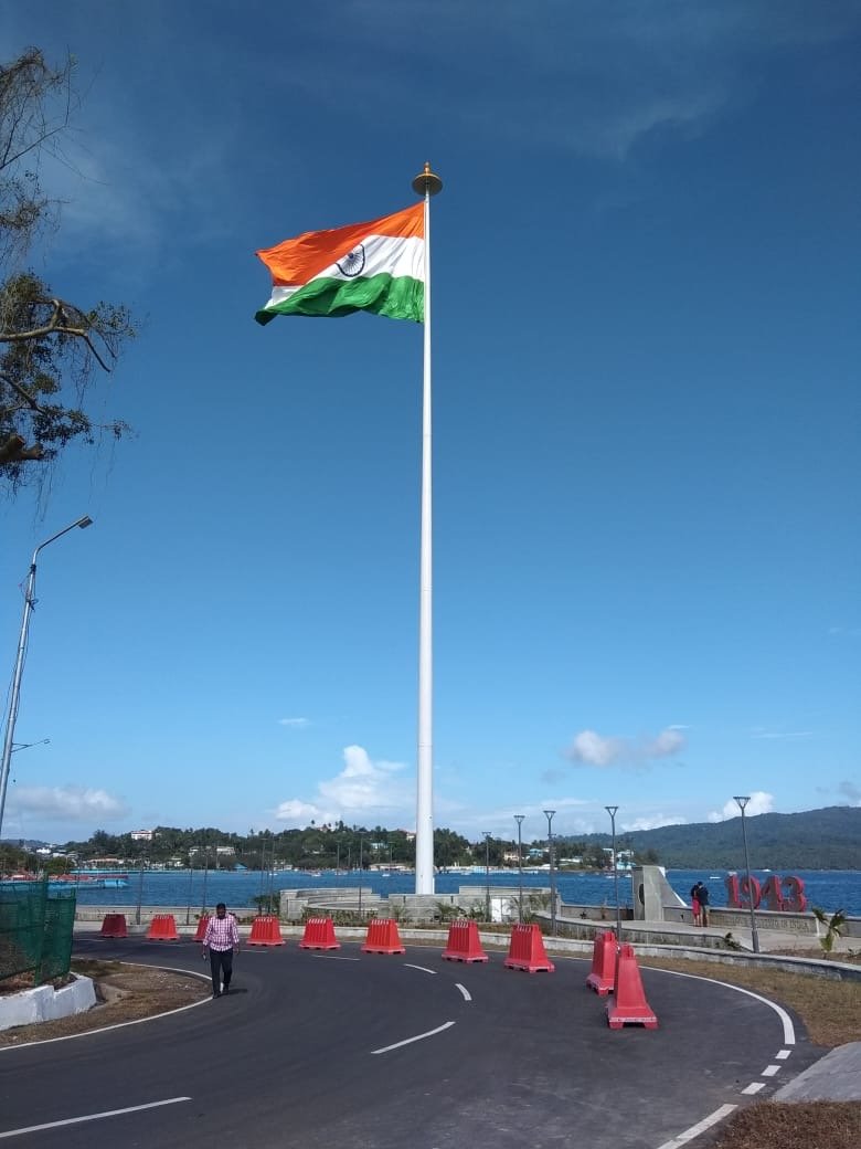 Monumental national flag at Port Blair, Andaman and Nicobar Islands, at dusk
